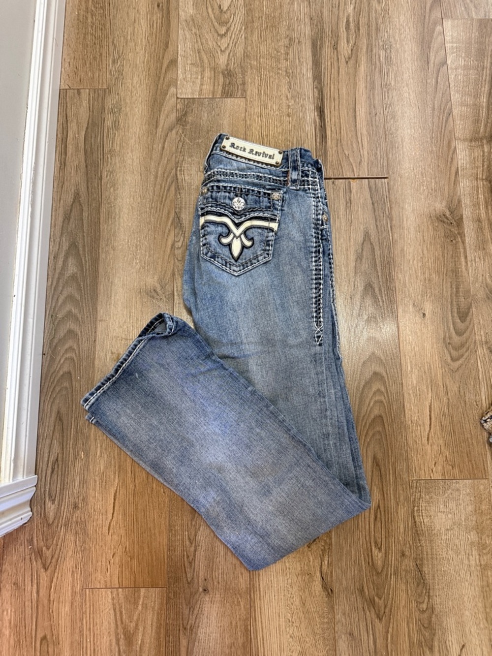 Rock Revival Women's Light Blue Boot Cut Jeans with Embroidered Pockets